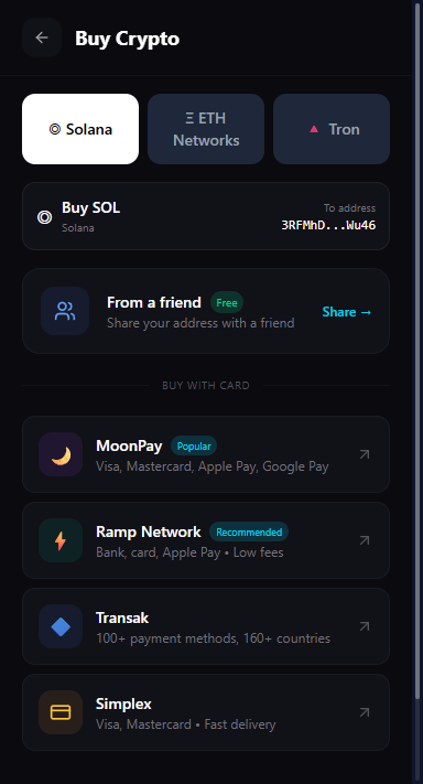 Buy Crypto screen with payment options including MoonPay, Ramp Network, Transak, and Simplex