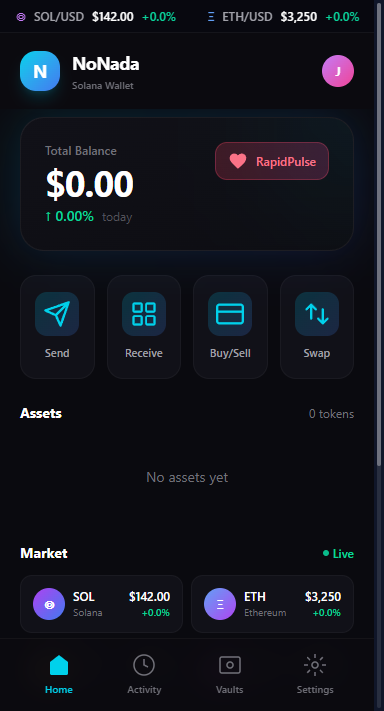 NoNada Wallet home screen showing balance, assets, and market data with SOL and ETH prices